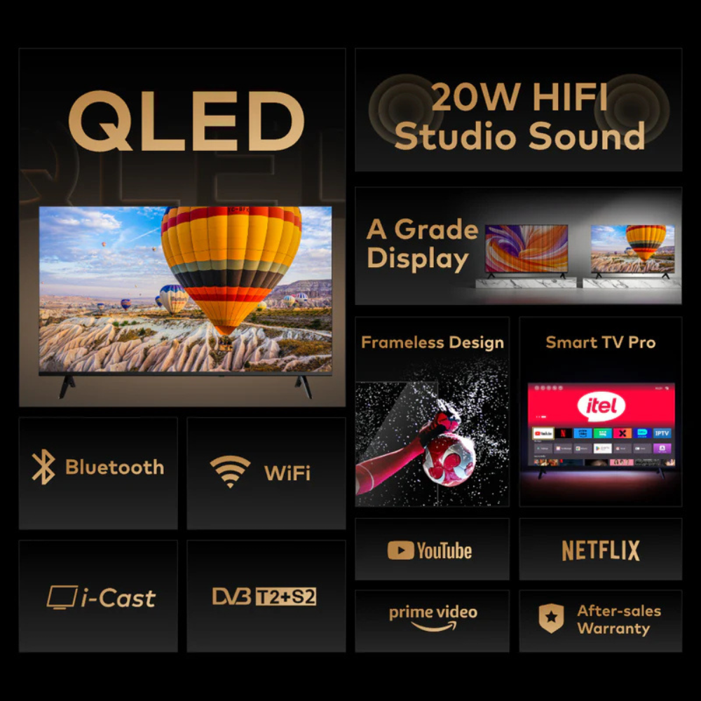 Itel 32''QLED Android Smart TV grade-A display 20W HIFI Frameless Design Black - Image 2