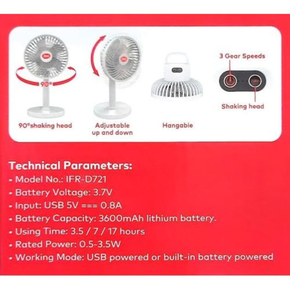 Itel 3600mAh Rechargeable Fan with Rotating Head - Image 3